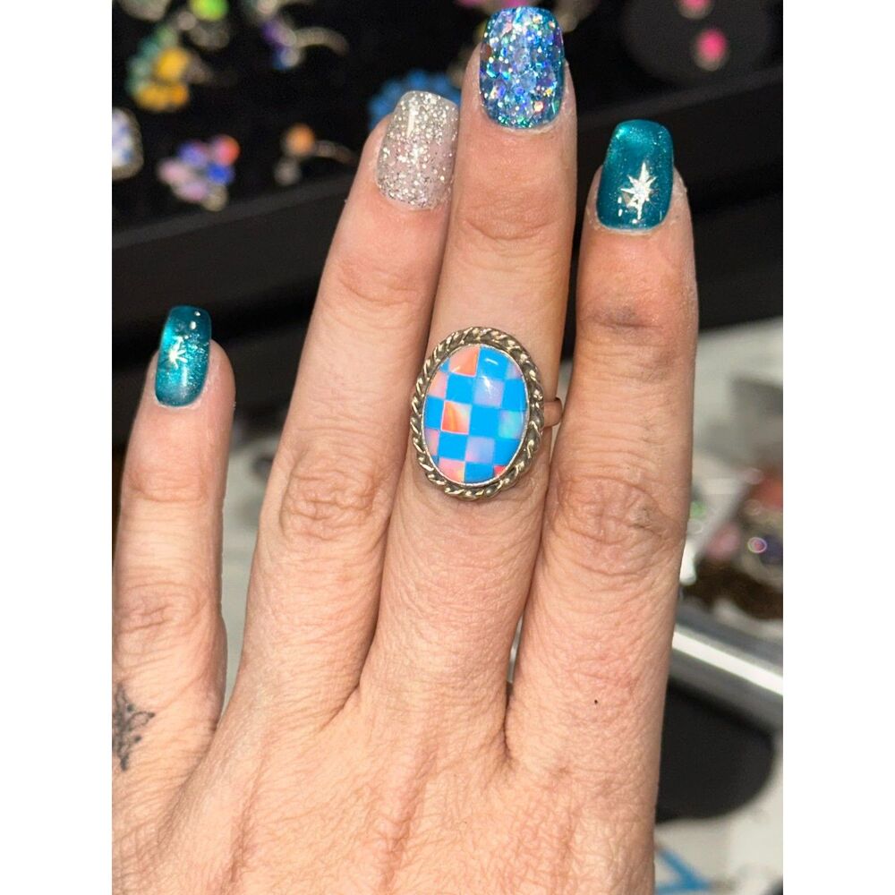 Blue Checkered .925 Sterling Silver Bypass Ring Size 7